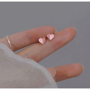 Pink Heart Stud Earrings Minimalist Silver Tone Tiny Love Earrings